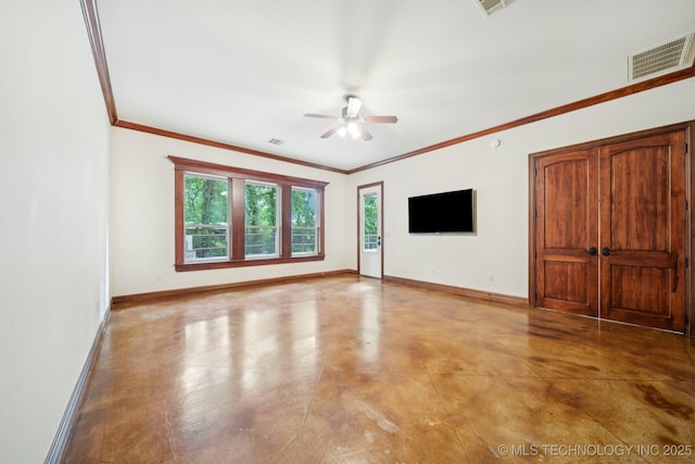 1721 E 136th Pl S, Bixby, OK 74008 - unfurnished living room featuring a ceiling fan, ornamental molding, and concrete flooring