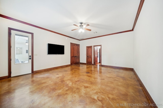 1721 E 136th Pl S, Bixby, OK 74008 - empty room with ceiling fan, concrete floors, and crown molding