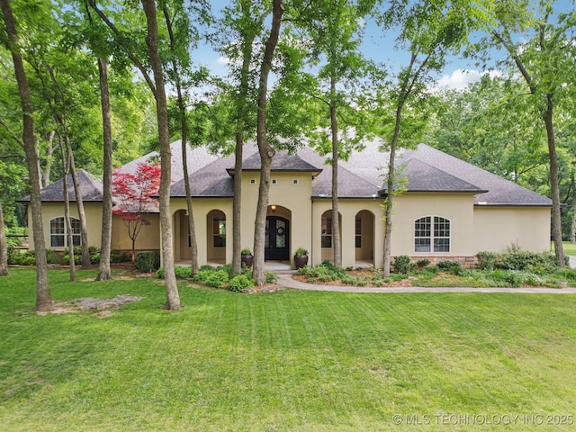 1721 E 136th Pl S, Bixby, OK 74008 - french provincial home featuring stucco siding, a front lawn, and a shingled roof