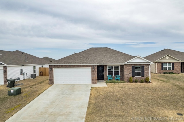 single story home with driveway, central AC, a front yard, a shingled roof, and a garage