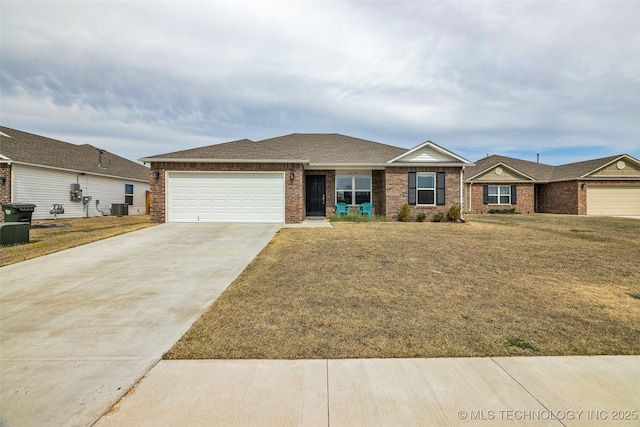 ranch-style home featuring brick siding, a front lawn, concrete driveway, and an attached garage