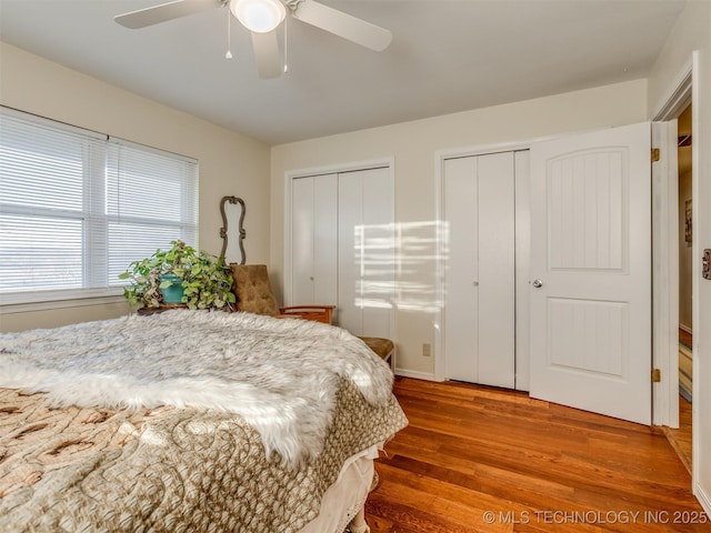 bedroom with a ceiling fan, wood finished floors, and multiple closets