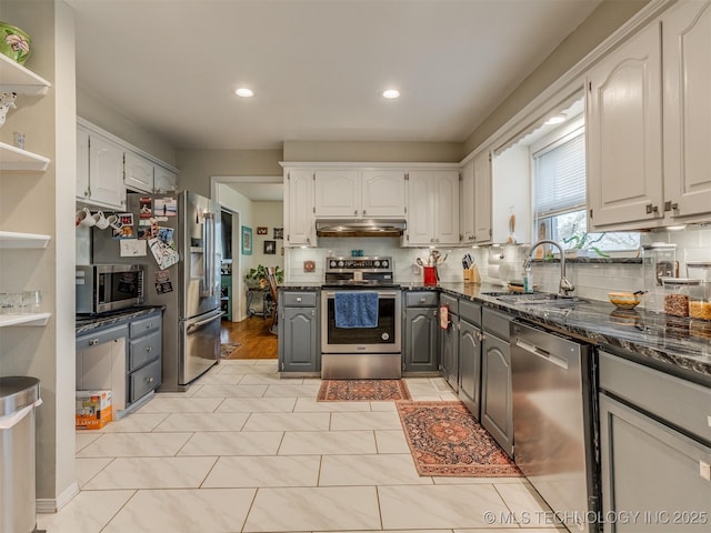 kitchen with open shelves, a sink, stainless steel appliances, white cabinets, and under cabinet range hood