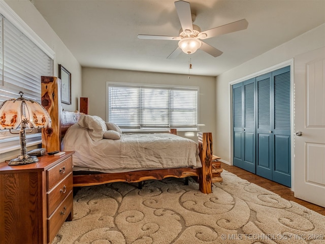 bedroom with a closet, a ceiling fan, and wood finished floors