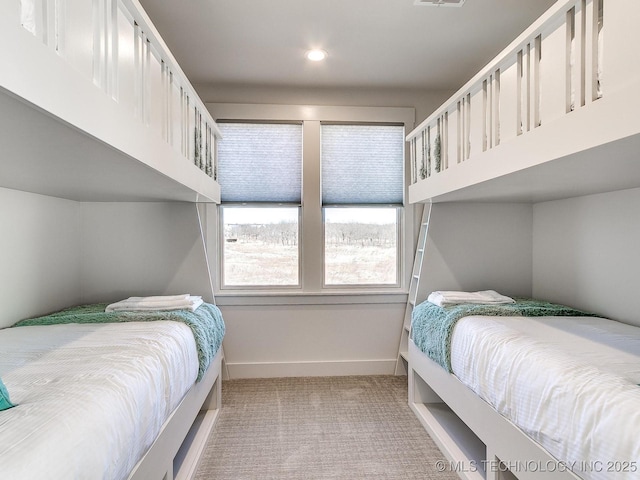 bedroom with recessed lighting, visible vents, baseboards, and light colored carpet