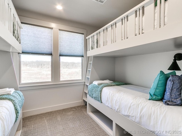 bedroom featuring visible vents, recessed lighting, carpet, and baseboards