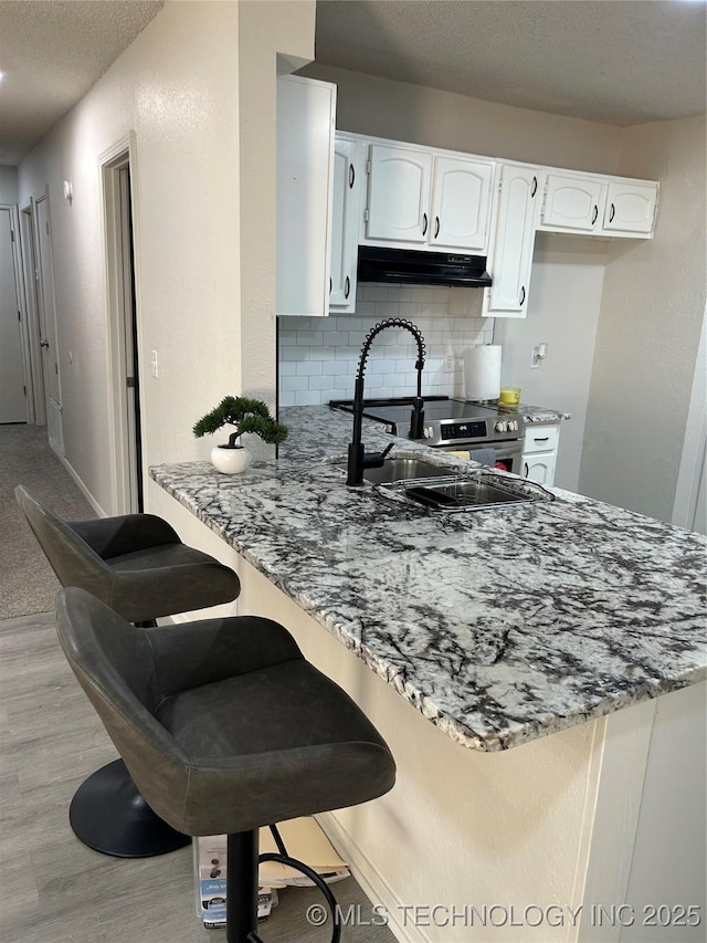 kitchen with under cabinet range hood, a sink, white cabinetry, stainless steel range with electric cooktop, and a peninsula