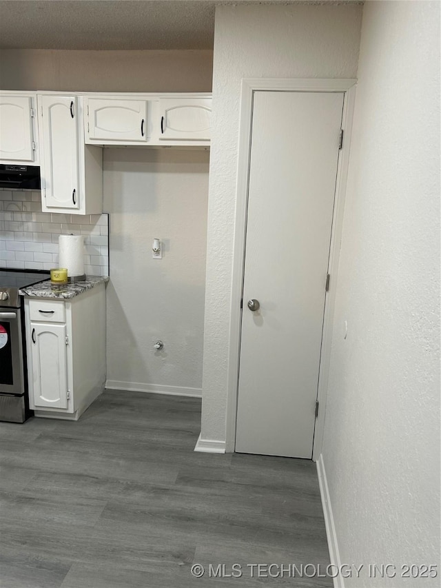 kitchen featuring decorative backsplash, ventilation hood, white cabinets, and stainless steel range with electric cooktop