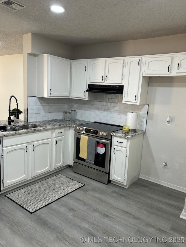 kitchen featuring visible vents, stainless steel electric range, a sink, white cabinets, and under cabinet range hood