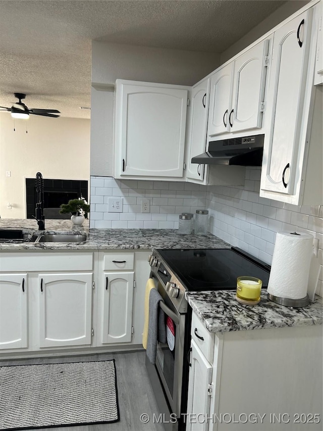 kitchen with a ceiling fan, electric stove, under cabinet range hood, a sink, and white cabinetry