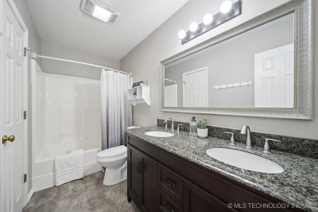 full bath with double vanity, toilet, visible vents, and a sink