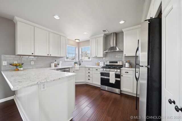 kitchen featuring dark wood-type flooring, a sink, a peninsula, appliances with stainless steel finishes, and wall chimney exhaust hood