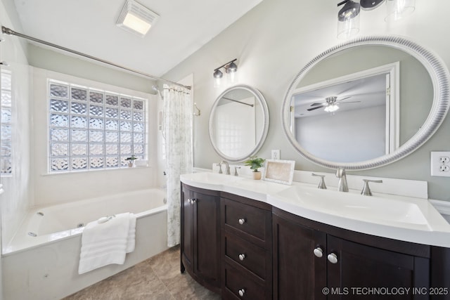 full bath featuring a sink, visible vents, ceiling fan, and double vanity