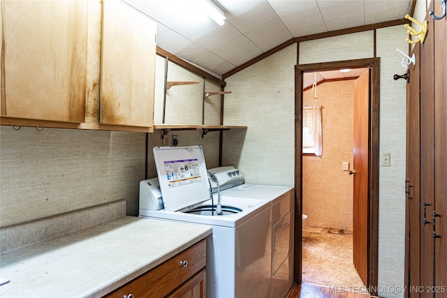 clothes washing area with cabinet space, ornamental molding, and separate washer and dryer