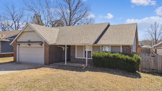 ranch-style home featuring fence, an attached garage, a shingled roof, concrete driveway, and brick siding