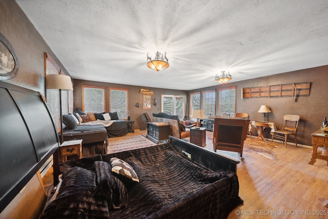 living room with wood finished floors and a textured ceiling