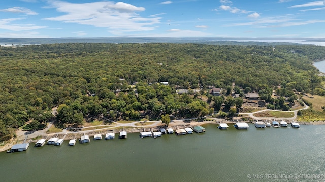 aerial view featuring a forest view and a water view