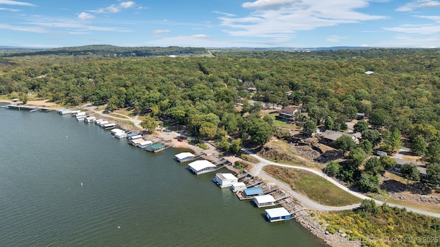 aerial view featuring a view of trees and a water view