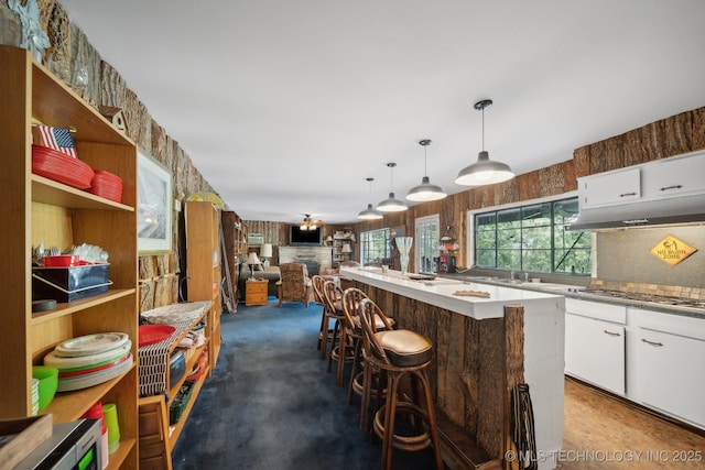 kitchen featuring under cabinet range hood, a kitchen island, open floor plan, and white cabinetry