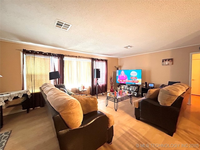 living room with visible vents and a textured ceiling