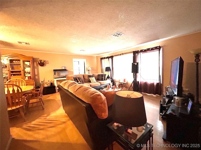 living area with visible vents, a textured ceiling, and wood finished floors