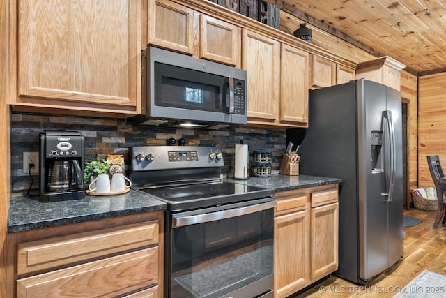 kitchen with stainless steel appliances, light brown cabinetry, wood ceiling, and decorative backsplash