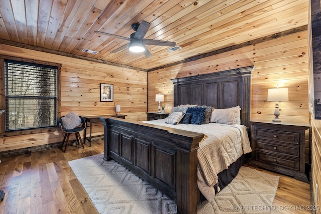 bedroom featuring wooden ceiling, visible vents, and wood-type flooring