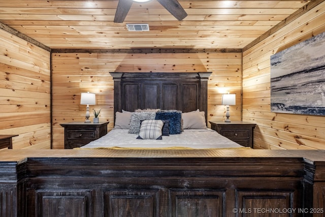 bedroom featuring visible vents, wood walls, and wood ceiling