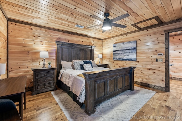 bedroom featuring visible vents, wooden walls, wood ceiling, and light wood-style flooring