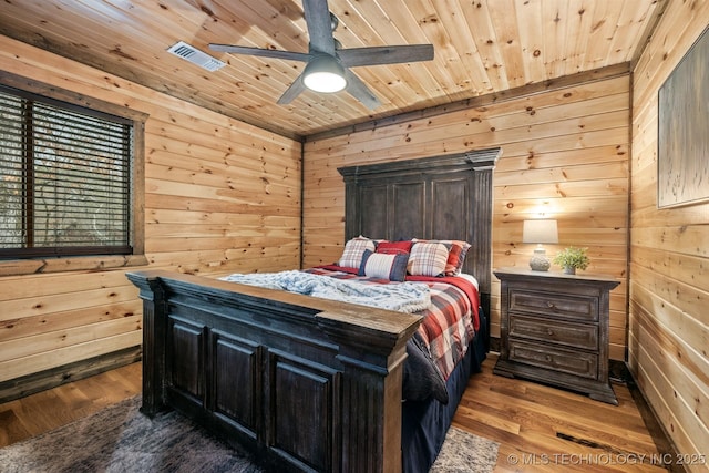 bedroom with visible vents, wooden ceiling, and wood finished floors