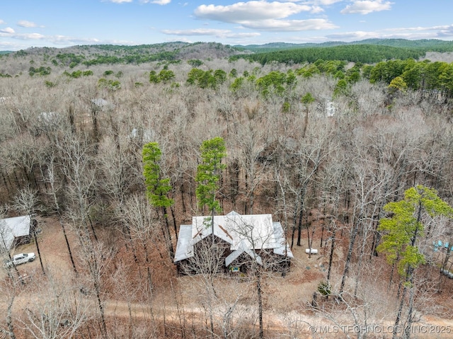 bird's eye view with a wooded view