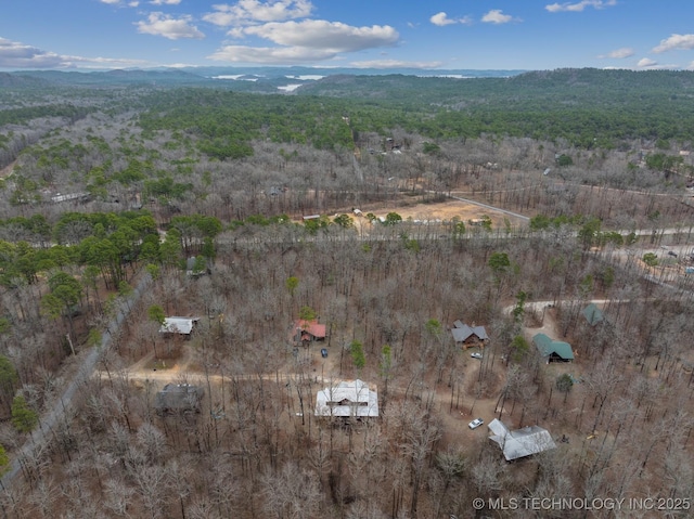 drone / aerial view featuring a forest view and a mountain view