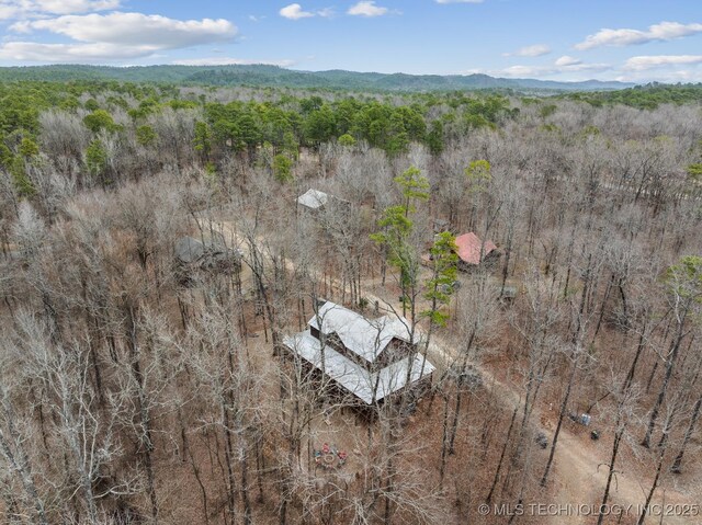 birds eye view of property featuring a mountain view and a wooded view