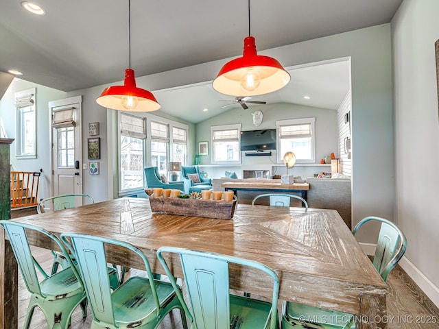29 Boardwalk Unit F, Carlton Landing, OK 74432 - dining area with vaulted ceiling, a ceiling fan, wood finished floors, and recessed lighting