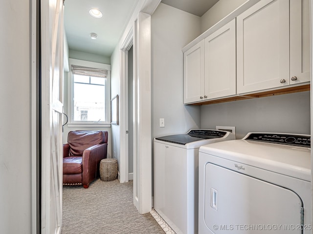 29 Boardwalk Unit F, Carlton Landing, OK 74432 - washroom with cabinet space, washing machine and clothes dryer, light carpet, and recessed lighting