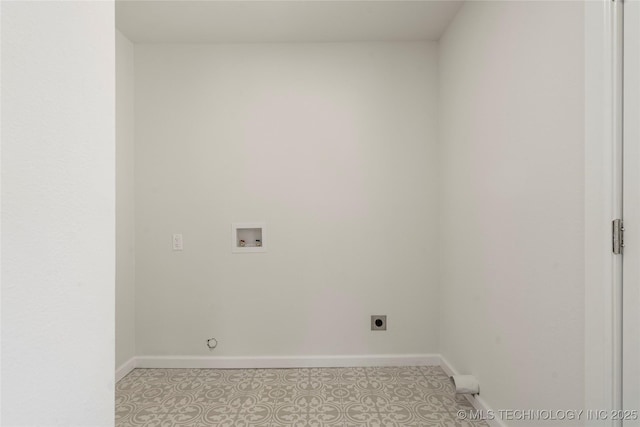 clothes washing area with laundry area, hookup for a washing machine, hookup for an electric dryer, and baseboards