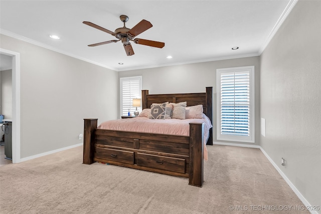 bedroom featuring multiple windows, carpet, baseboards, and ornamental molding