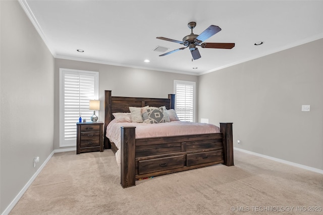 bedroom with visible vents, baseboards, carpet, and crown molding