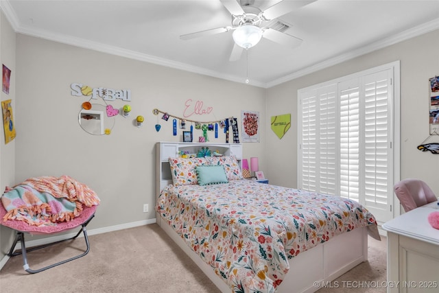 bedroom featuring crown molding, light colored carpet, and baseboards