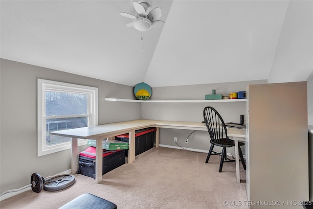 office with lofted ceiling, carpet, baseboards, and ceiling fan