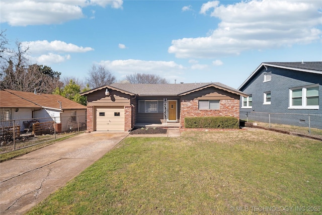 ranch-style home featuring fence, concrete driveway, a front yard, a garage, and brick siding