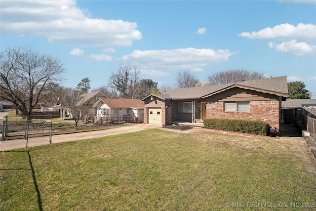 ranch-style house with brick siding, a front lawn, fence, concrete driveway, and an attached garage