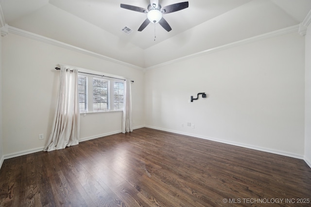 unfurnished room with visible vents, baseboards, lofted ceiling, dark wood-style floors, and a ceiling fan