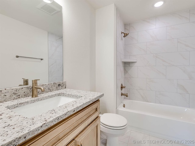 13404 E 123rd Pl, Collinsville, OK 74021 - full bathroom with bathing tub / shower combination, vanity, toilet, visible vents, and recessed lighting