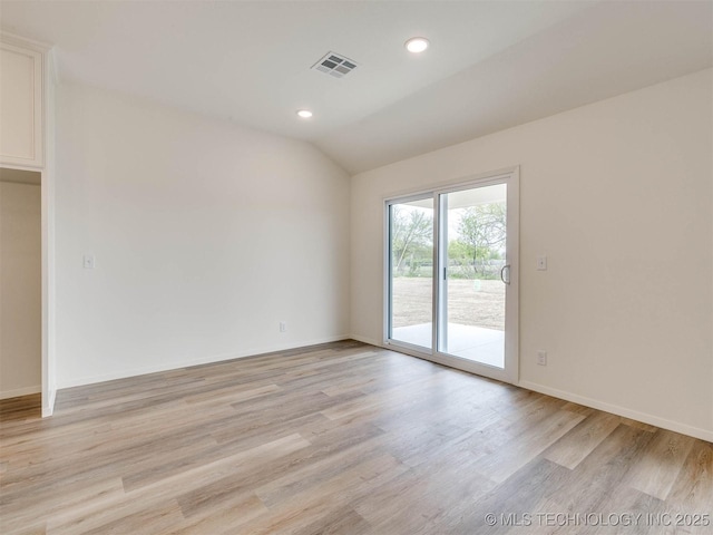 13404 E 123rd Pl, Collinsville, OK 74021 - unfurnished room with recessed lighting, lofted ceiling, light wood finished floors, visible vents, and baseboards