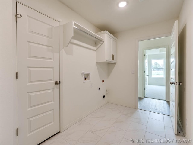 13404 E 123rd Pl, Collinsville, OK 74021 - laundry area featuring hookup for a washing machine, electric dryer hookup, marble finish floor, cabinet space, and hookup for a gas dryer