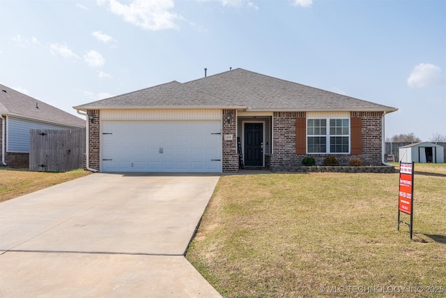 single story home featuring a front lawn, brick siding, driveway, and a shingled roof