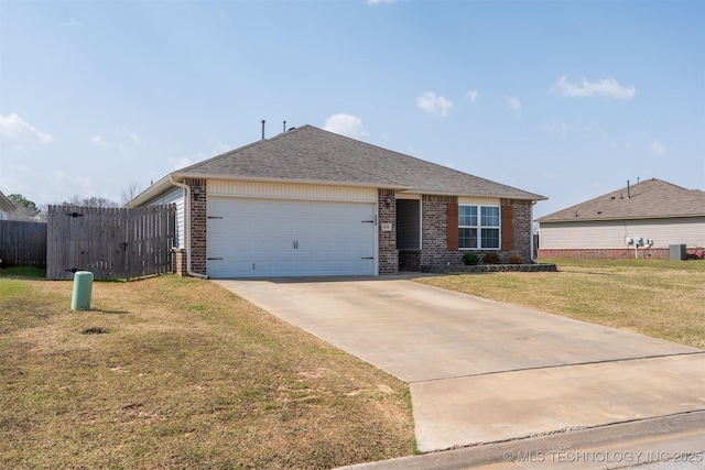 single story home featuring brick siding, concrete driveway, roof with shingles, a front yard, and a garage