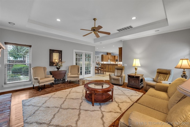 living area featuring visible vents, a ceiling fan, and a tray ceiling