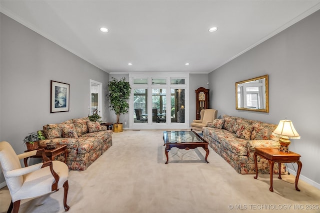 carpeted living room featuring recessed lighting, baseboards, and ornamental molding